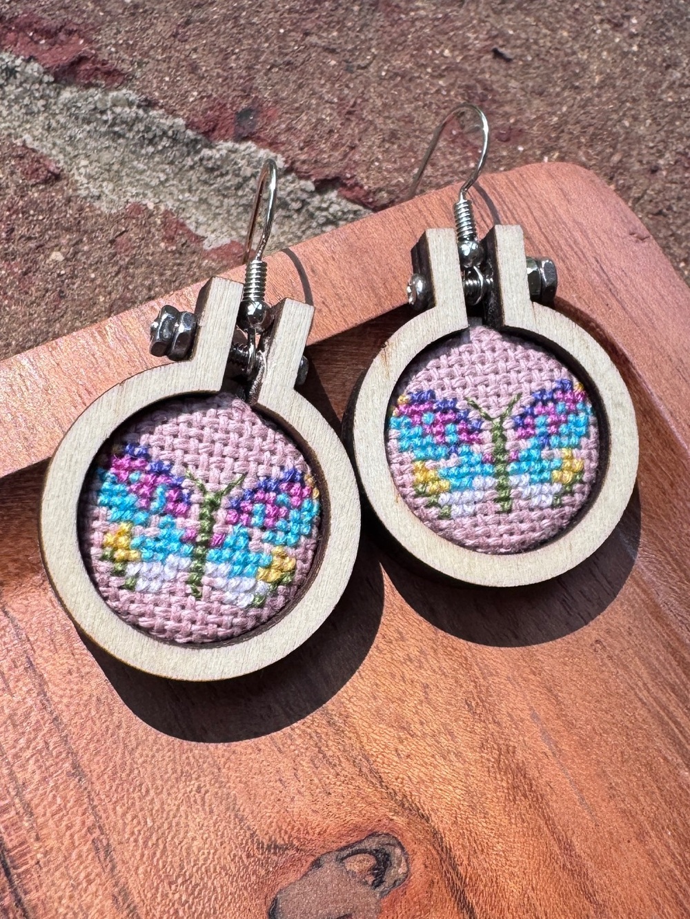 Butterfly Cross Stitched Wooden Hoop Earrings